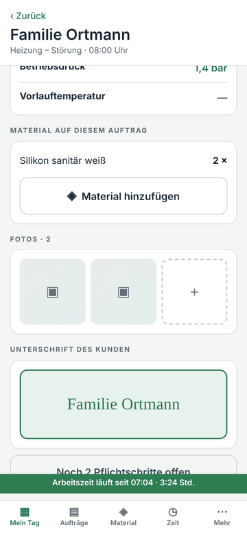 Monteur-App am Handy: Auftrag mit Material, Fotos und Unterschrift des Kunden