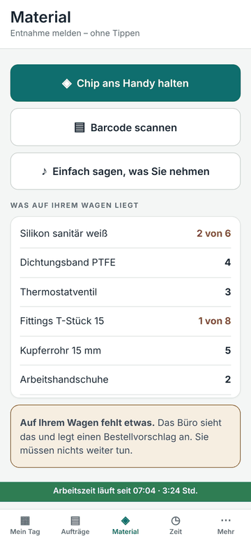 Monteur-App am Handy: Material per Chip, Barcode oder Zuruf melden