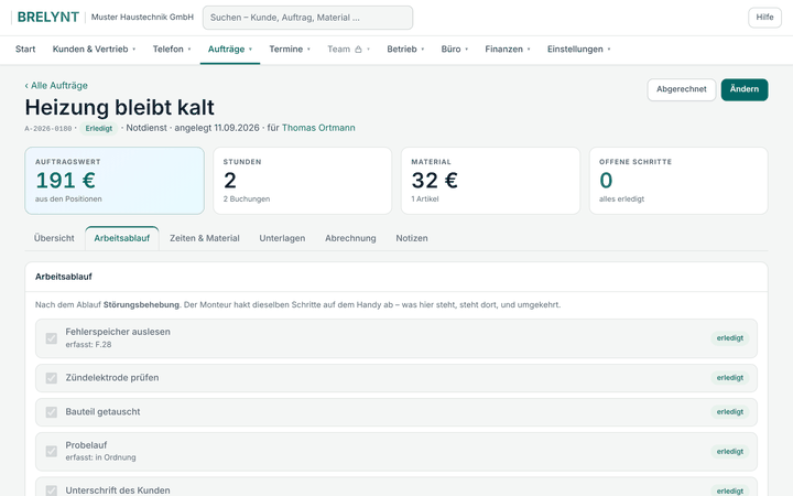Kundenportal, Auftrag: Arbeitsablauf mit erledigten Schritten und Messwerten