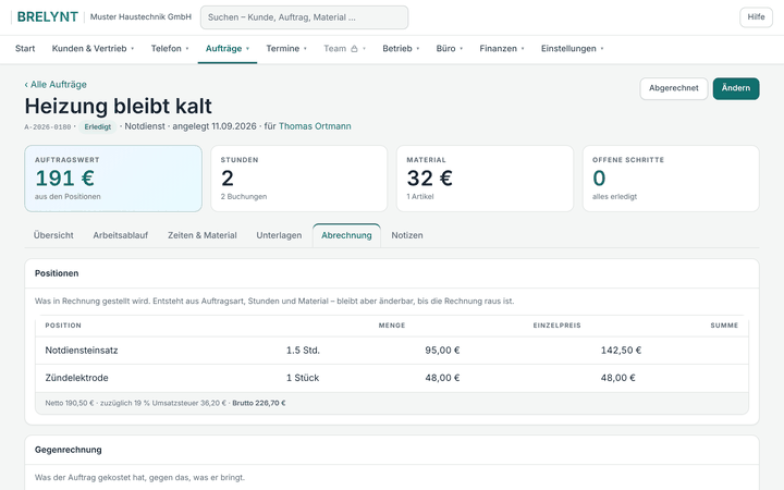 Kundenportal, Auftrag: Abrechnung mit Positionen, Netto, Umsatzsteuer und Brutto
