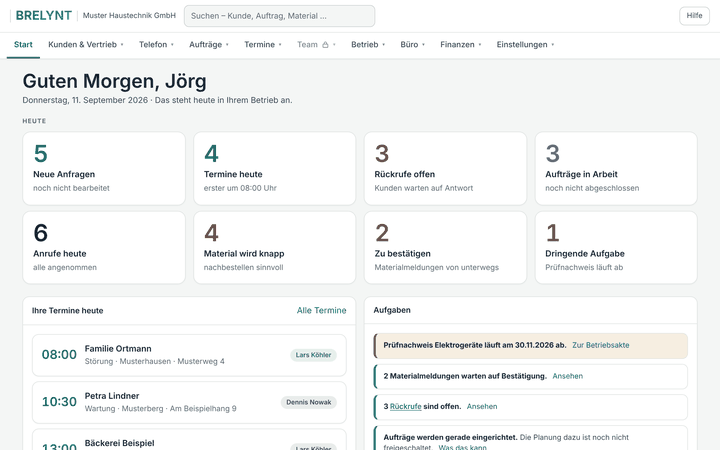 Kundenportal, Startseite: neue Anfragen, Termine, Rückrufe und Aufgaben des Tages